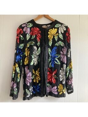 VTG Nagpal India Silk Sequin & Beaded Top Cardigan Glamorous Evening Dressy M